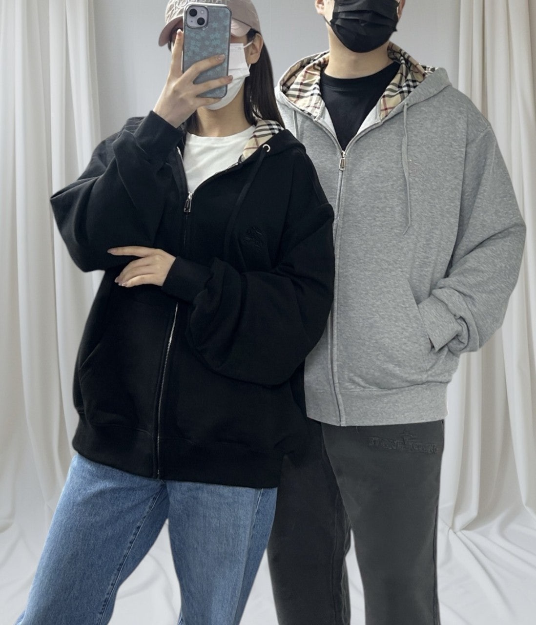 버버리 체크 집업후드-